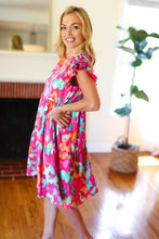 Load image into Gallery viewer, Look of Love Fuchsia Abstract Floral Print Smocked Ruffle Sleeve Dress
