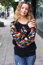 Load image into Gallery viewer, Diva Dreams Black Floral Sequin Mesh Sleeve Rib Knit Top
