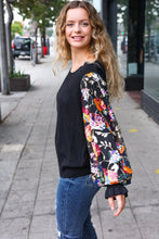 Load image into Gallery viewer, Diva Dreams Black Floral Sequin Mesh Sleeve Rib Knit Top
