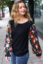 Load image into Gallery viewer, Diva Dreams Black Floral Sequin Mesh Sleeve Rib Knit Top
