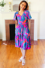 Load image into Gallery viewer, Remember Me Blue &amp; Fuchsia Geo Print V Neck Dress
