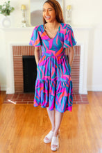 Load image into Gallery viewer, Remember Me Blue &amp; Fuchsia Geo Print V Neck Dress
