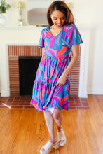 Load image into Gallery viewer, Remember Me Blue &amp; Fuchsia Geo Print V Neck Dress
