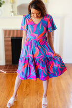 Load image into Gallery viewer, Remember Me Blue &amp; Fuchsia Geo Print V Neck Dress
