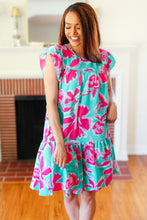 Load image into Gallery viewer, Diva Dreaming Aqua &amp; Fuchsia Floral Print Tiered Ruffle Sleeve Dress
