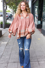 Load image into Gallery viewer, Under Your Spell Rust Plaid Color Block Notch Neck Top
