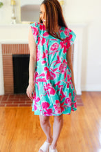 Load image into Gallery viewer, Diva Dreaming Aqua &amp; Fuchsia Floral Print Tiered Ruffle Sleeve Dress
