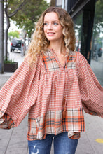 Load image into Gallery viewer, Under Your Spell Rust Plaid Color Block Notch Neck Top
