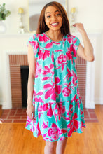 Load image into Gallery viewer, Diva Dreaming Aqua &amp; Fuchsia Floral Print Tiered Ruffle Sleeve Dress
