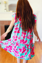 Load image into Gallery viewer, Diva Dreaming Aqua &amp; Fuchsia Floral Print Tiered Ruffle Sleeve Dress
