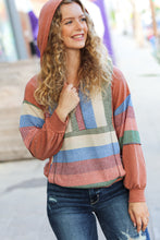 Load image into Gallery viewer, Feeling Vintage Rust &amp; Blue Stripe Textured Notched Hoodie
