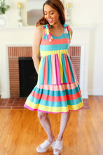 Load image into Gallery viewer, Start The Day Rainbow Stripe Shoulder Tie Tiered Dress
