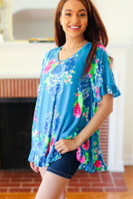 Load image into Gallery viewer, Feeling Playful Blue Floral Ruffle Sleeve &amp; Hem Tunic Top
