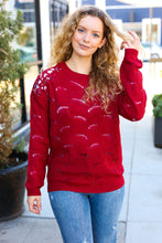 Load image into Gallery viewer, Casual Chic Burgundy Pointelle Lace Shoulder Knit Sweater
