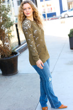 Load image into Gallery viewer, Casual Chic Olive Pointelle Lace Shoulder Knit Sweater
