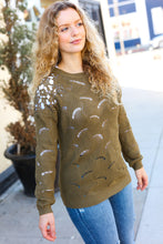 Load image into Gallery viewer, Casual Chic Olive Pointelle Lace Shoulder Knit Sweater
