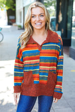 Load image into Gallery viewer, Casual Living Rust &amp; Teal Striped Two Tone Knit Pocketed Top
