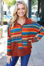 Load image into Gallery viewer, Casual Living Rust &amp; Teal Striped Two Tone Knit Pocketed Top
