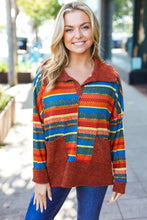 Load image into Gallery viewer, Casual Living Rust &amp; Teal Striped Two Tone Knit Pocketed Top
