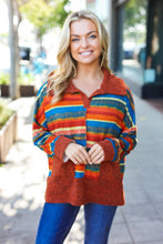 Load image into Gallery viewer, Casual Living Rust &amp; Teal Striped Two Tone Knit Pocketed Top
