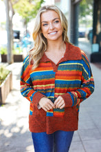 Load image into Gallery viewer, Casual Living Rust &amp; Teal Striped Two Tone Knit Pocketed Top
