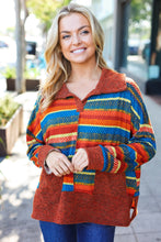 Load image into Gallery viewer, Casual Living Rust &amp; Teal Striped Two Tone Knit Pocketed Top
