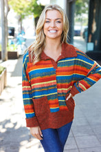 Load image into Gallery viewer, Casual Living Rust &amp; Teal Striped Two Tone Knit Pocketed Top
