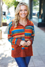 Load image into Gallery viewer, Casual Living Rust &amp; Teal Striped Two Tone Knit Pocketed Top
