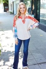 Load image into Gallery viewer, Feeling Femme Oatmeal Plaid Floral Color Block Notch Neck Top
