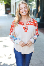 Load image into Gallery viewer, Feeling Femme Oatmeal Plaid Floral Color Block Notch Neck Top
