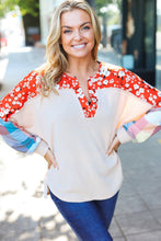 Load image into Gallery viewer, Feeling Femme Oatmeal Plaid Floral Color Block Notch Neck Top
