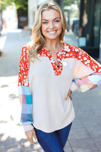 Load image into Gallery viewer, Feeling Femme Oatmeal Plaid Floral Color Block Notch Neck Top
