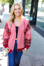 Load image into Gallery viewer, Adorable in Marsala Plaid Color Block Zipper French Terry Hoodie
