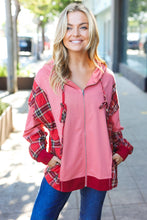 Load image into Gallery viewer, Adorable in Marsala Plaid Color Block Zipper French Terry Hoodie
