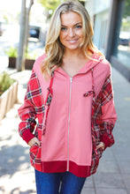 Load image into Gallery viewer, Adorable in Marsala Plaid Color Block Zipper French Terry Hoodie
