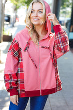 Load image into Gallery viewer, Adorable in Marsala Plaid Color Block Zipper French Terry Hoodie
