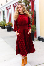 Load image into Gallery viewer, Holiday Dreaming Burgundy Velvet Mock Neck Smocked Waist Dress
