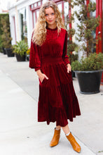 Load image into Gallery viewer, Holiday Dreaming Burgundy Velvet Mock Neck Smocked Waist Dress
