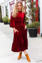 Load image into Gallery viewer, Holiday Dreaming Burgundy Velvet Mock Neck Smocked Waist Dress
