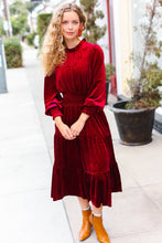 Load image into Gallery viewer, Holiday Dreaming Burgundy Velvet Mock Neck Smocked Waist Dress
