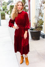 Load image into Gallery viewer, Holiday Dreaming Burgundy Velvet Mock Neck Smocked Waist Dress
