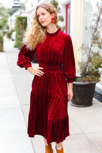 Load image into Gallery viewer, Holiday Dreaming Burgundy Velvet Mock Neck Smocked Waist Dress
