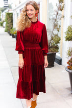 Load image into Gallery viewer, Holiday Dreaming Burgundy Velvet Mock Neck Smocked Waist Dress
