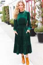 Load image into Gallery viewer, Holiday Dreaming Hunter Green Velvet Mock Neck Smocked Waist Dress
