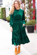 Load image into Gallery viewer, Holiday Dreaming Hunter Green Velvet Mock Neck Smocked Waist Dress
