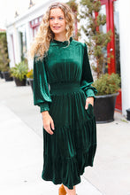 Load image into Gallery viewer, Holiday Dreaming Hunter Green Velvet Mock Neck Smocked Waist Dress
