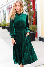 Load image into Gallery viewer, Holiday Dreaming Hunter Green Velvet Mock Neck Smocked Waist Dress
