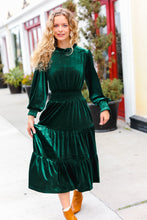 Load image into Gallery viewer, Holiday Dreaming Hunter Green Velvet Mock Neck Smocked Waist Dress
