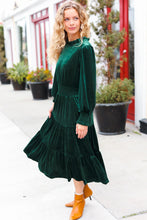 Load image into Gallery viewer, Holiday Dreaming Hunter Green Velvet Mock Neck Smocked Waist Dress
