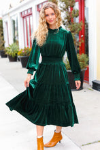 Load image into Gallery viewer, Holiday Dreaming Hunter Green Velvet Mock Neck Smocked Waist Dress
